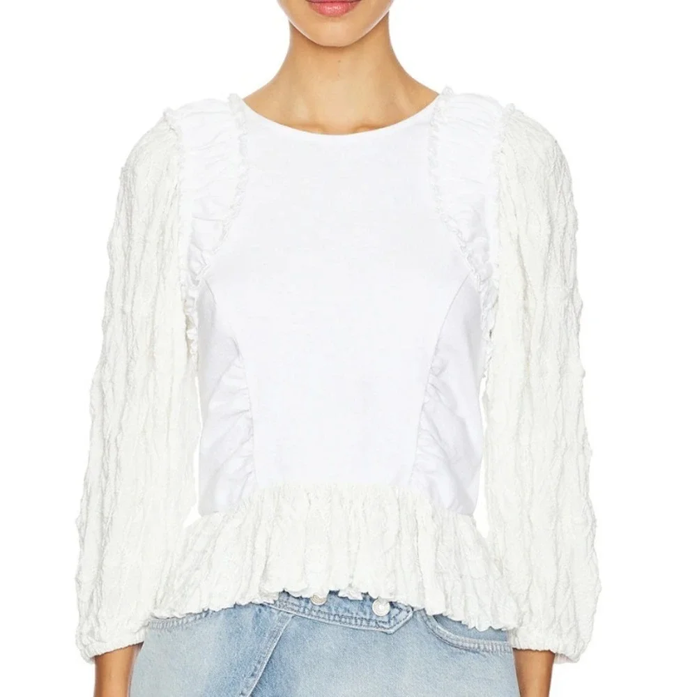 Free People REVOLVE Olivia Top White Textured Puff Sleeve Cropped Blouse Women M